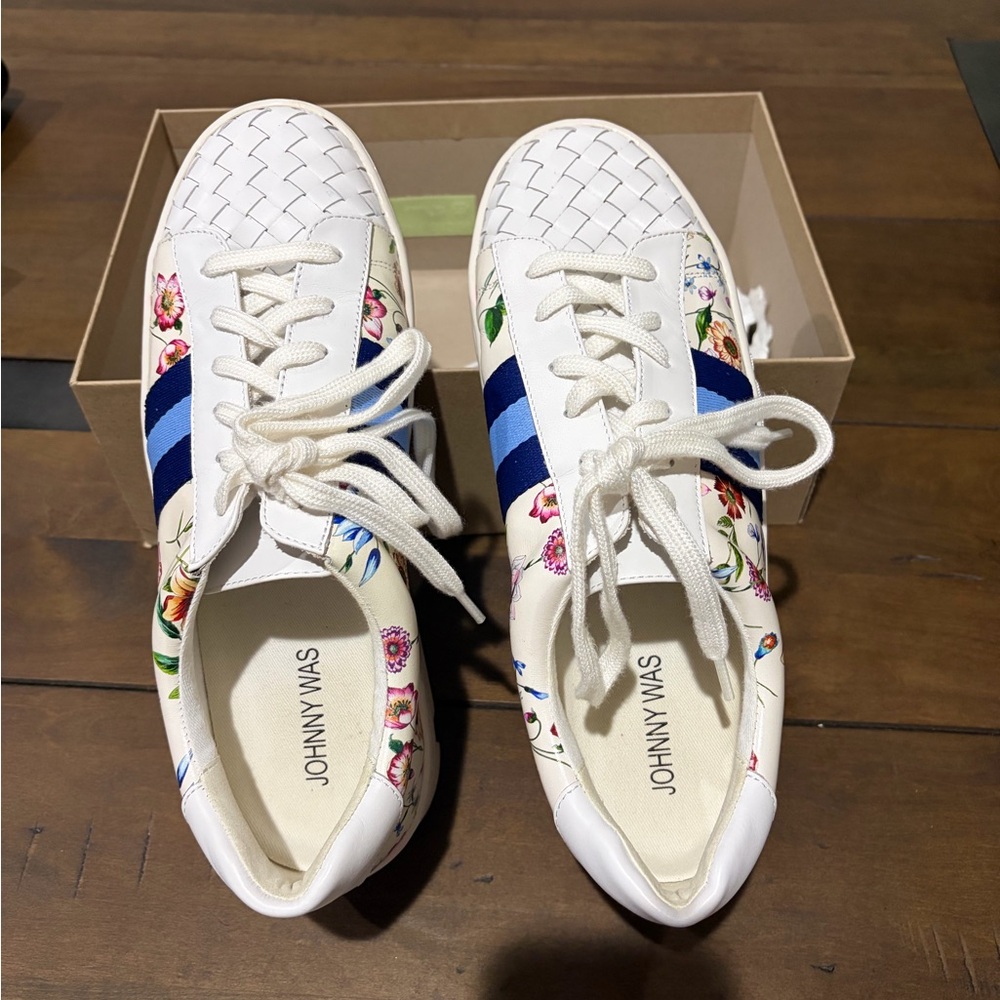 Johnny Was White Floral Stripe Sneakers